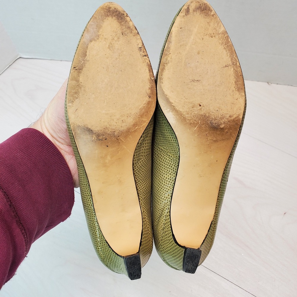 Johansen Vntg Lizard Embossed Leather Heels Olive Green Pointed Toe Pumps Size 5 - Picture 12 of 12